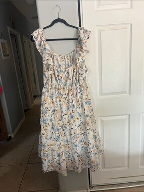 Liberty Love Cream Midi Dress with Blue & Yellow Floral Print